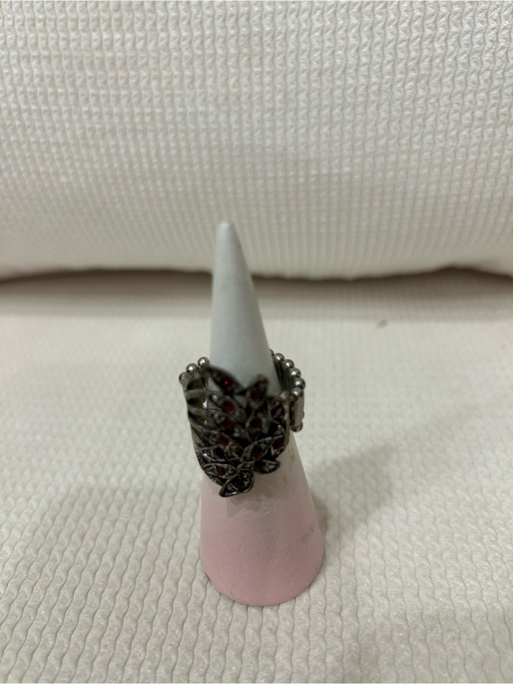 Sterling-Style Dark Silver Leaf Cocktail Ring with Red Accent